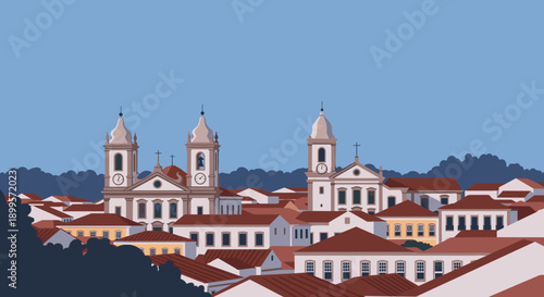 Colonial townscape with historic churches and tiled roofs in minimalist style