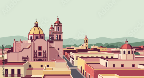 Colorful flat urban landscape of historic mexican town with architectural landmarks