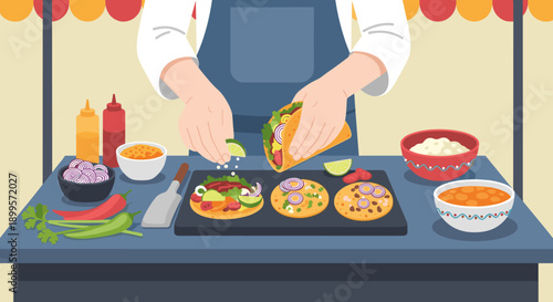 Chef preparing tacos with fresh ingredients in a flat illustration style