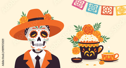 Colorful dia de los muertos celebration with sugar skull and marigolds
