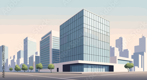 Modern urban architecture: sleek building with skyline and trees in flat style