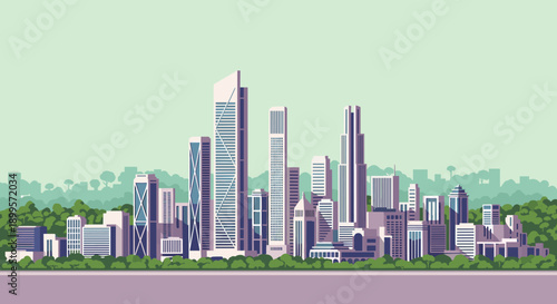 Modern cityscape with high-rise buildings and greenery in flat design