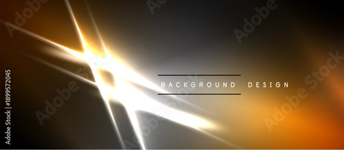 Abstract design features bright lines, gradients. Dark background contrasts with glowing orange, white elements. Modern, dynamic visual.