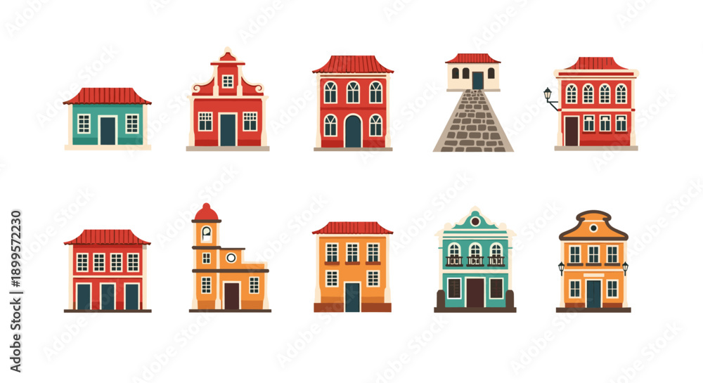 Naklejka premium Charming traditional houses: flat style architecture collection