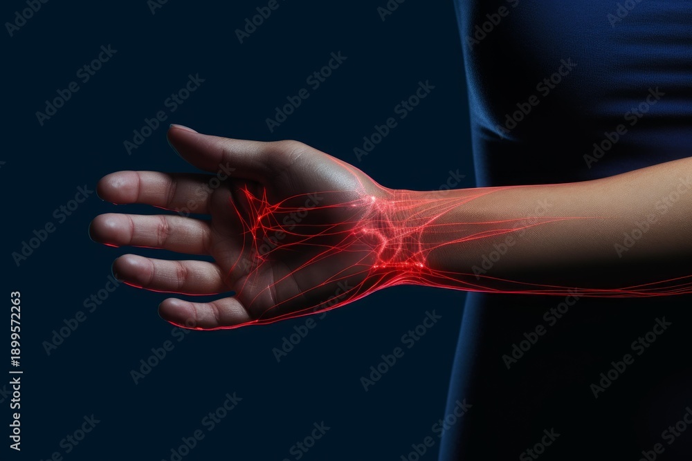 Fototapeta premium Human hand and arm with illuminated red nerves indicating pain or discomfort