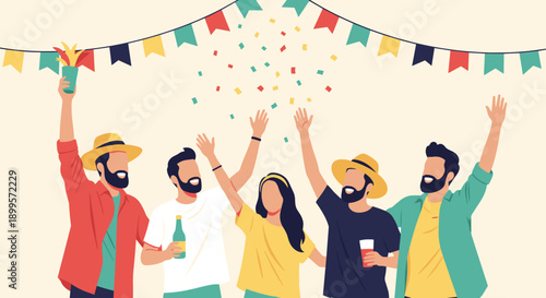 Friends celebrating outdoors with colorful banners and confetti in flat style