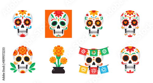 Colorful day of the dead skulls and decorations in festive style