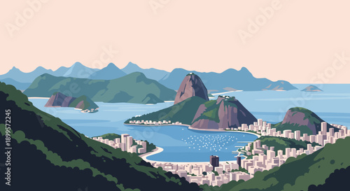 Scenic coastal skyline with mountains and cityscape in retro style
