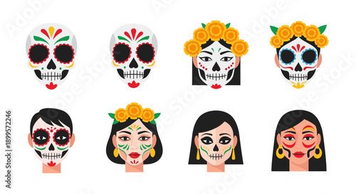 Colorful day of the dead masks and faces with floral decor
