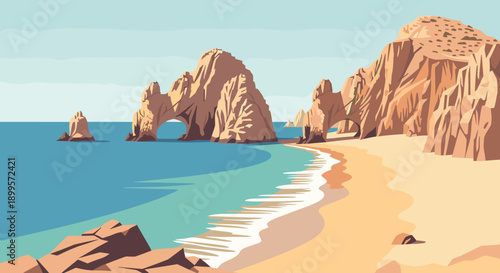 Tranquil coastal landscape with natural rock formations and blue sea