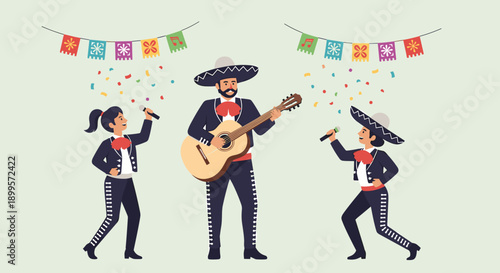 Festive mexican band performing with colorful decorations and traditional attire