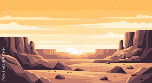 Sunset over desert canyon: serene landscape with warm tones and rugged cliffs