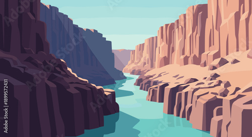 Scenic canyon landscape with river in flat geometric style