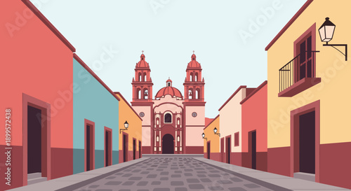 Colorful cityscape with church in flat design minimalist style
