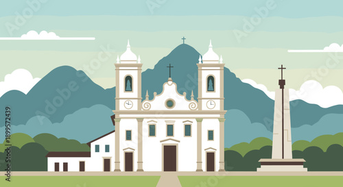 Colonial church and monument with mountain landscape in flat style