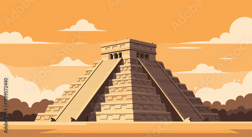 Ancient mayan pyramid against a sunset sky in flat design