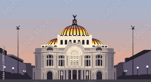 Iconic palace of fine arts at dusk with vibrant sky