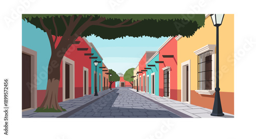 Colorful quaint street with vibrant houses and cobblestone path