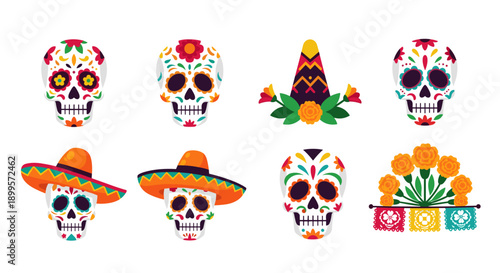Colorful day of the dead skulls with floral decorations and sombreros