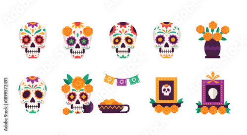 Colorful day of the dead skull designs and decorations with marigold flowers