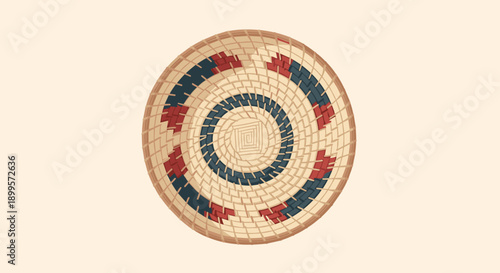 Intricate traditional woven basket with geometric patterns on beige background