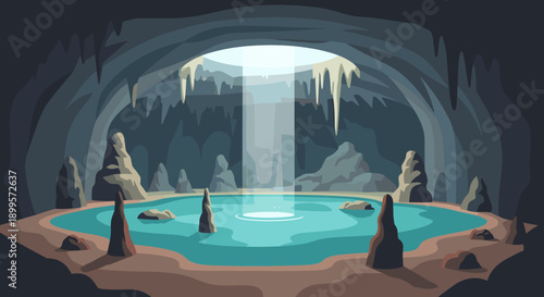 Mystical cave scene with stalactites and underground lake