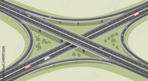 Modern isometric highway interchange with vehicles and greenery