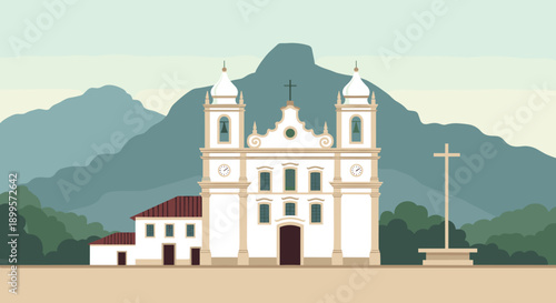 Charming colonial church with mountainous backdrop in flat design