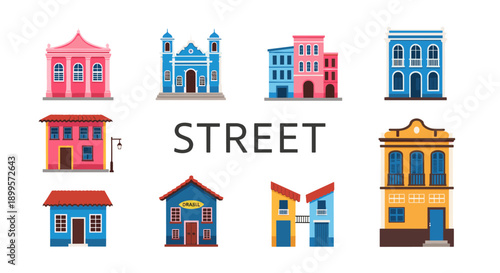 Colorful architectural styles of brazilian street buildings