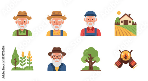 Elderly farmers and rural elements in flat design style