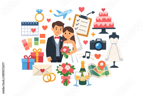 Wedding planning and celebration elements collage with happy couple and icons