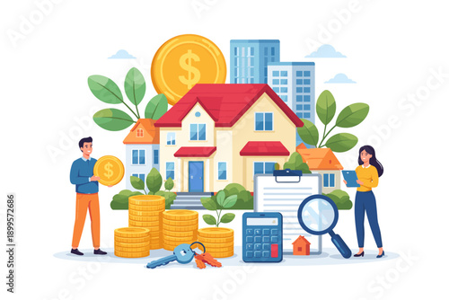 Real estate investment concept with people, houses, money, and documents