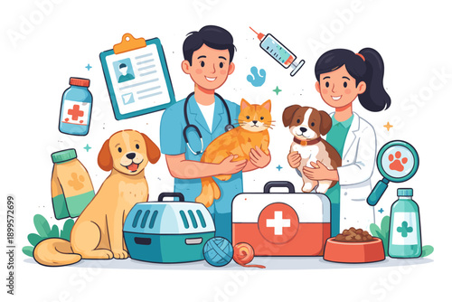 Veterinarians caring for pets with medical supplies and equipment for animal health