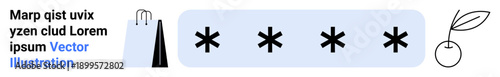 Password protection, cybersecurity, data privacy, information encryption, secure authentication, online safety. Asterisks conceal text with lock and symbols. Password protection and cybersecurity