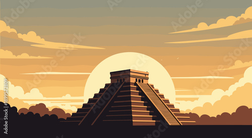 Mayan pyramid at sunset with dramatic sky in flat design