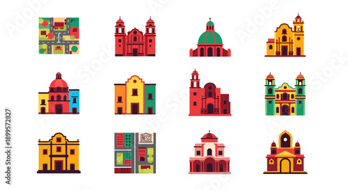 Colorful icon set of historic mexican churches in geometric flat style