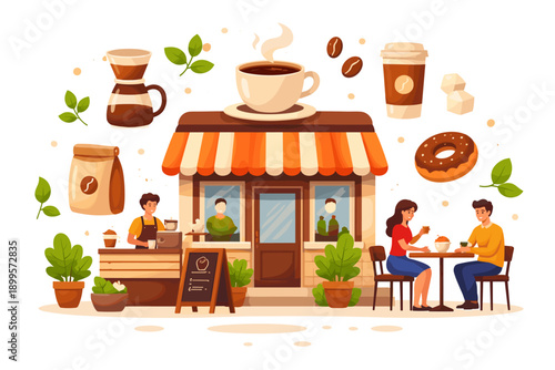 Cozy coffee shop scene with customers enjoying drinks and pastries outdoors