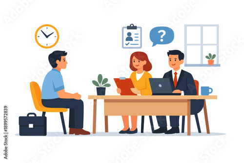 Job interview in progress with candidate and recruiters discussing qualifications