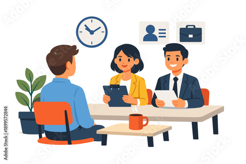 Job interview in progress with candidates and interviewers discussing qualifications and experience