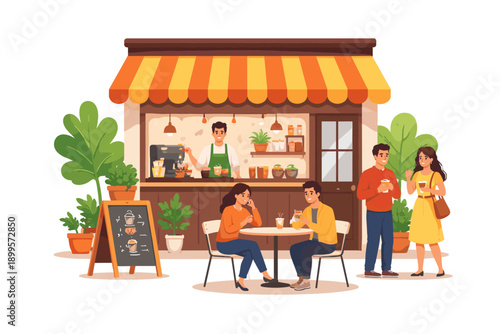 People enjoying coffee at an outdoor cafe with a barista serving drinks