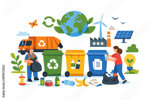 Illustration of recycling and sustainable energy practices for a greener planet
