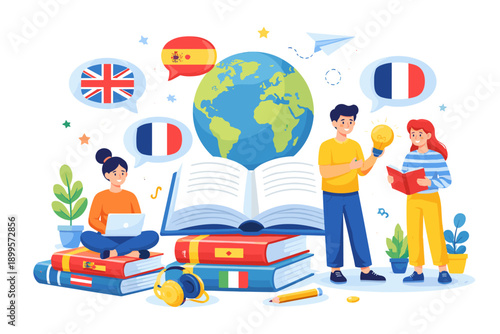 Diverse students learning languages with books, globe, and flags symbolizing global communication