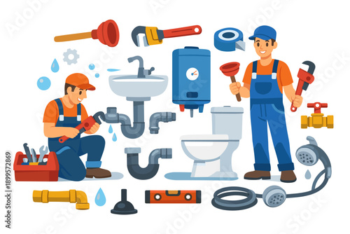 Plumbers working with tools and equipment for plumbing services and repairs
