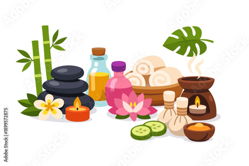 Relaxing spa treatment setup with hot stones, oils, candles, and bamboo for ultimate tranquility