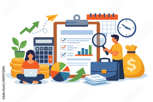Financial planning and analysis with charts, calculator, and money bag illustration
