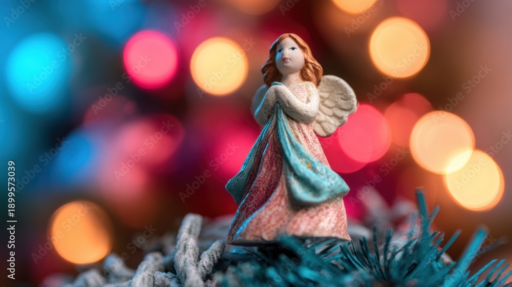 Fototapeta premium Decorative angel figurine with colorful lights during a holiday celebration