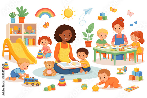 Diverse group of children engaged in various activities with teachers in a bright kindergarten classroom