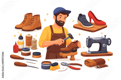 Skilled cobbler meticulously repairs a brown leather shoe with hammer and tools