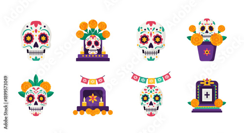 Colorful dia de los muertos skulls with marigolds, altars, and banners