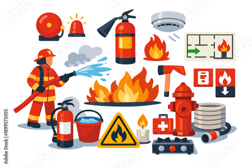 Firefighter and safety equipment collection for fire prevention and emergency response